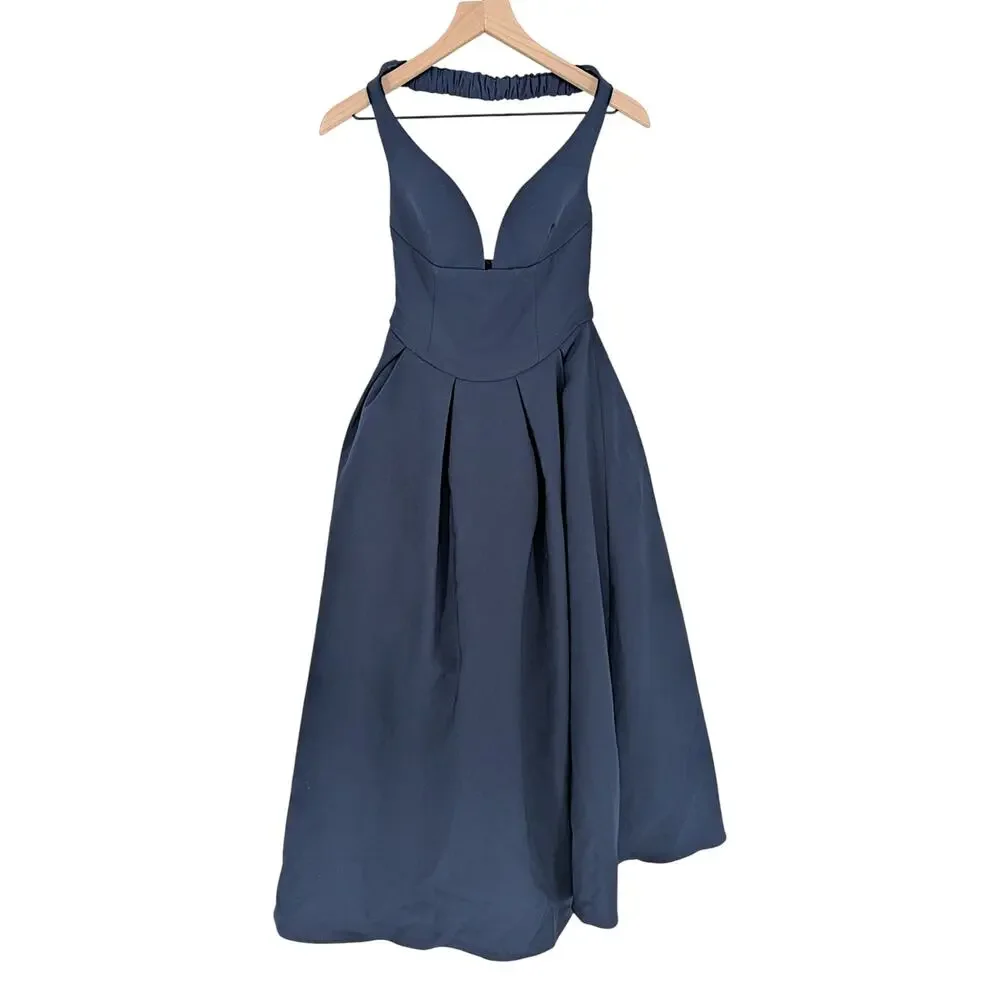 Babyboo Lanetta Midi Dress Navy Plunge Neck Pleated Formal Size S NWT